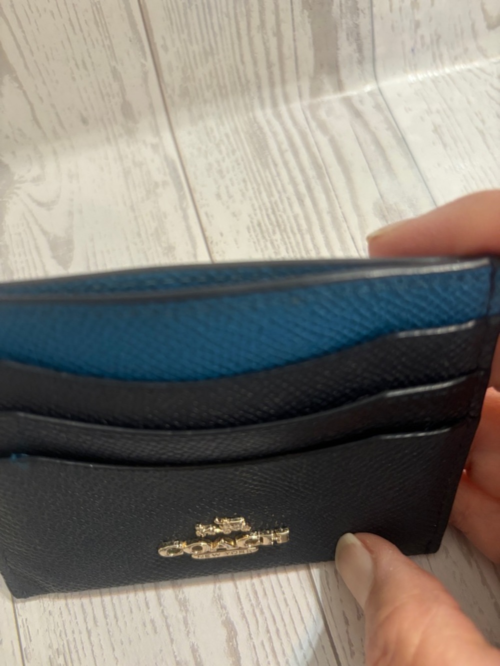 Coach Black and Teal Leather Card Holder with Gold Hardware - Picture 6 of 6